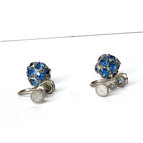 Vintage Blue Rhinestone Cluster Screw‑Back Earrings - Picture 5 of 6